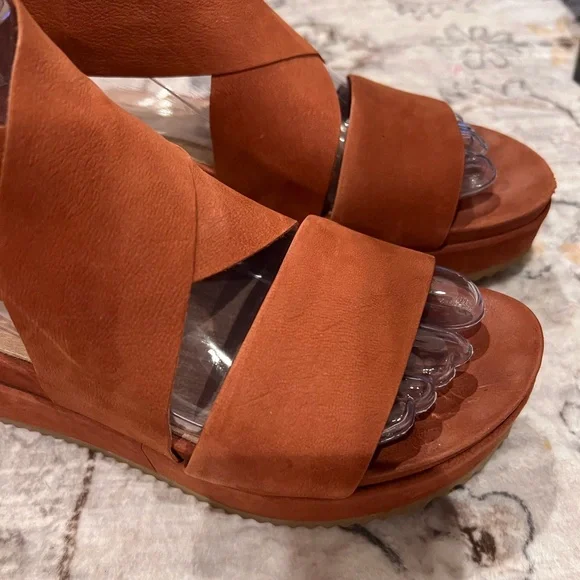 Eileen Fisher Brown Crisscross Nubuck Leather  Wedge Sandals - Picture 2 of 16